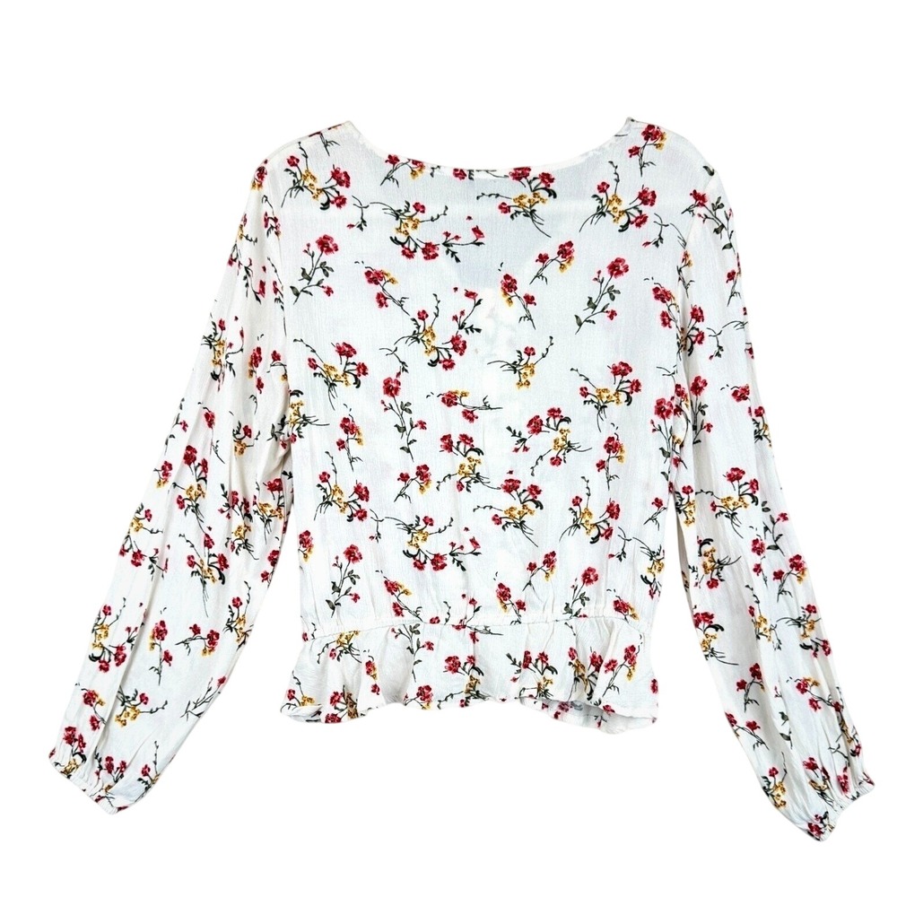 Women's Floral Peasant Peplum Blouse XL Tie Neck Long Sleeve Boho Cottagecore - Picture 3 of 12